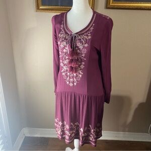 Knox Rose Size M Mauve Crinkle Rayon Dress Embroidered Floral Boho Peasant